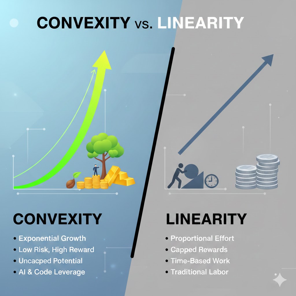 Asymmetry: Mastering Competitive Leverage in a Non-Linear World A strategic payoff diagram comparing a linear grey line (Symmetry) with a blue exponential curve (Asymmetry), illustrating limited downside risk and uncapped upside potential.