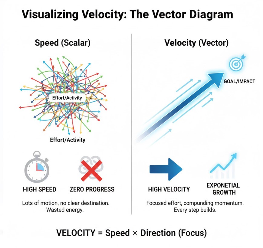 Infographic illustrating the difference between Speed and Velocity: chaotic effort versus focused progress towards a goal.