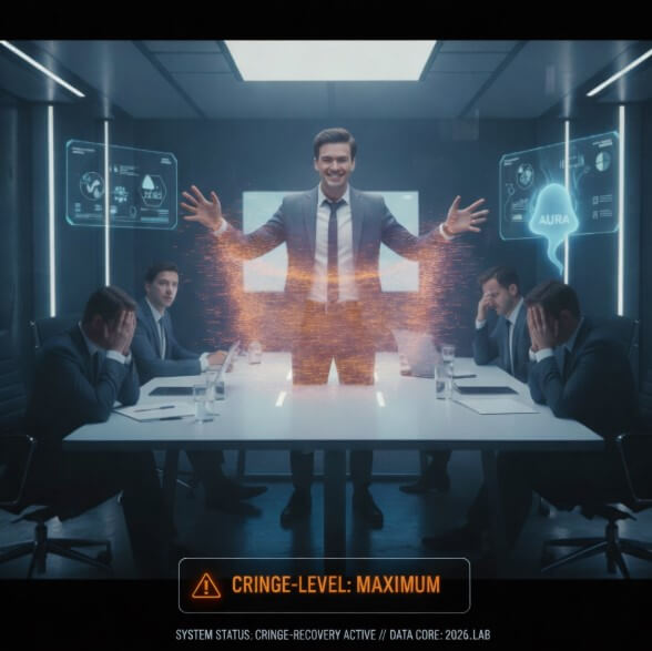 Cringe Meaning 2026: Why Modern Life Feels Like a Social Glitch A businessman losing his Aura during a cringey presentation in a futuristic 2026 office. Colleagues cover their faces in secondhand embarrassment. Cringe-level maximum indicator.