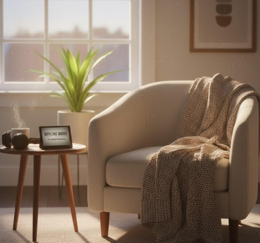 The Ghost Economy. A peaceful, sunlit room with a cozy armchair, a knitted blanket, and a small table holding a cup of tea and a digital clock displaying "Offline Mode." No people present, atmosphere of calm and silence