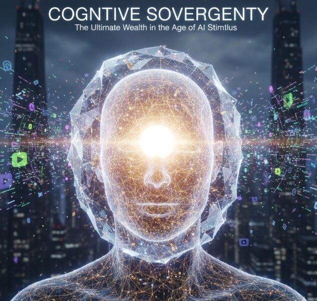 A futuristic visualization of Cognitive Sovereignty: a glowing human head protected by a crystalline geometric shield against a storm of digital icons and AI data in a dark city.