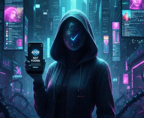 The Anonymity Renaissance: Why Hiding is the New Status Symbol A cinematic cyberpunk illustration of a mysterious hooded figure in a dark, futuristic city. The person wears a digital mask with a glowing blue checkmark, holding a smartphone that displays a "404 Not Found" error. Thorny black vines frame the foreground, while neon billboards with distorted human faces glow in the background. High-contrast teal and magenta lighting.