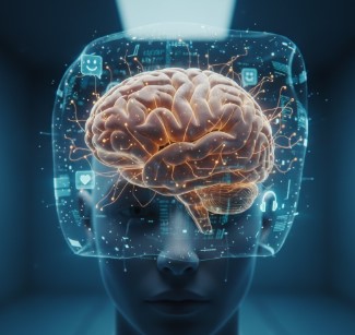 A high-tech digital visualization of a glowing human brain surrounded by a transparent holographic interface. Floating digital icons like hearts, smiley face bubbles, and headphones represent emotional data and AI interaction. The image has a futuristic, blue-toned aesthetic, symbolizing the intersection of neuroscience and artificial intelligence.