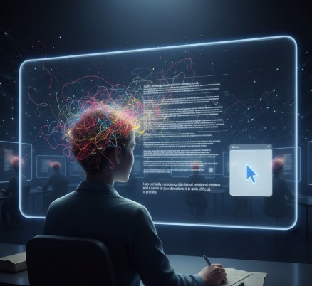 Prompt Engineering of the Soul: The Limits of Human Expression Alt-text: A person sitting at a desk, handwriting on paper while facing a large glowing digital screen. The person's head is filled with a colorful, chaotic swirl of neural energy, while the screen shows sterile, organized AI-generated text and a blue cursor. Dark, cinematic atmosphere.