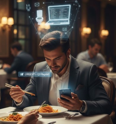 Dinner for two, plus your boss. Is this really the "essential" lifestyle you signed up for? The high cost of a 90-second response time. The Cost of Being "Always Available": Why Your 2 AM Email is Ruining Your Career